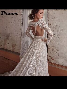 Dream Pairs White Embroidered Lace Long-Sleeve Open-Back Wedding Dress